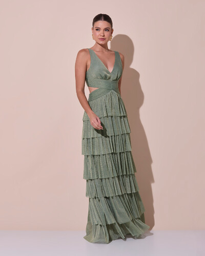 Foto Vestido De Festa Longo Decote V Tule Brilho Recortes Camadas Verde Oliva