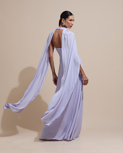 Foto Vestido de Festa Longo Tomara Que Caia Crepe Chiffon Drapeado Capa Lilás Claro