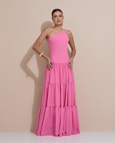 Foto Vestido de Festa Longo Um ombro Só Crepe Chiffon Saia Fluida Rosa