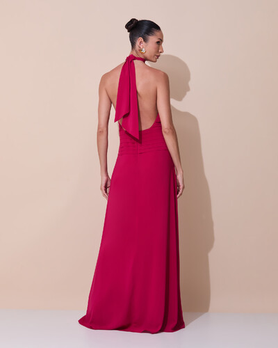 Foto Vestido de Festa Longo Frente Única Busto Blousê Crepe Chiffon Drapeado Cereja