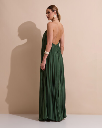 Foto Vestido de Festa Longo Frente Única Plissado Crepe Chiffon Argola Verde Militar