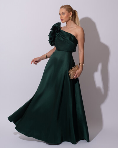 Foto Vestido de Festa Longo Zibeline um Ombro Só Flor Drapeado Verde Escuro