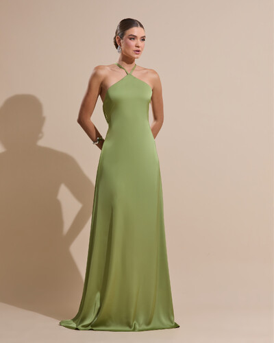 Foto Vestido Longo de Cetim com Decote Triangular e Amarração nas Costas Degagê Verde Pistache