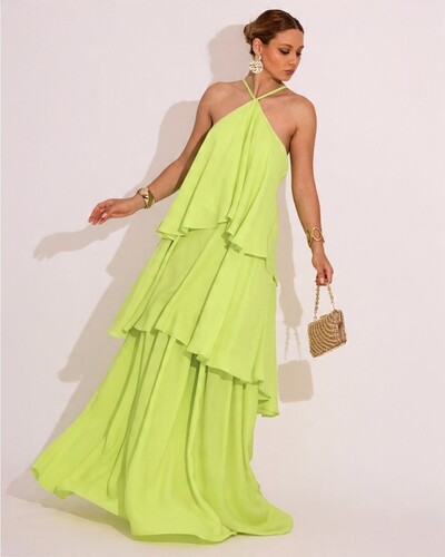 Foto Vestido Longo Crepe Chiffon Babado em Camadas Verde Lima