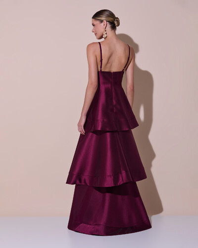 Foto Vestido de Festa Longo Zibeline em Camadas Decote em V com Alças Marsala Escuro New