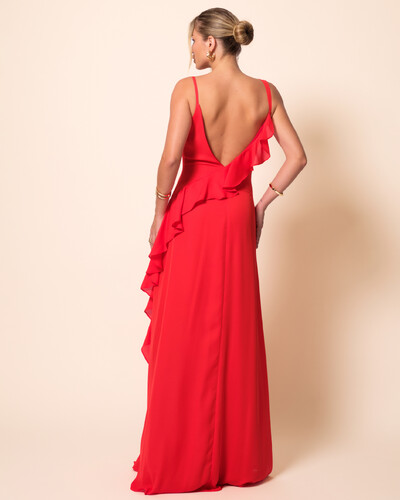 FotoVestido de Festa Longo Crepe Chiffon Degagê com Fenda e Babado Cascata Vermelho New