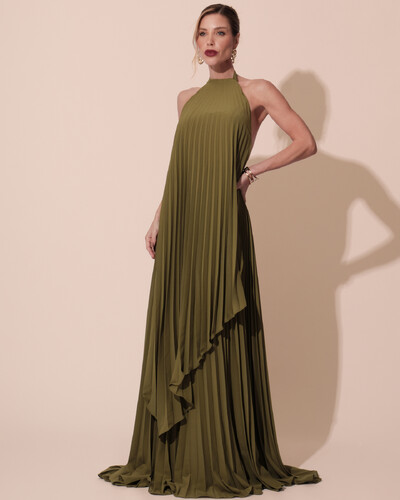 Foto Vestidos de Festa Longo Chiffon Fluido Frente Única Plissado Duplo Verde Oliva New