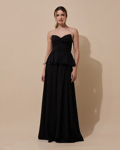 Foto Vestido de Festa Longo Crepe Chiffon Tomara que Caia Peplum Drapeado Preto