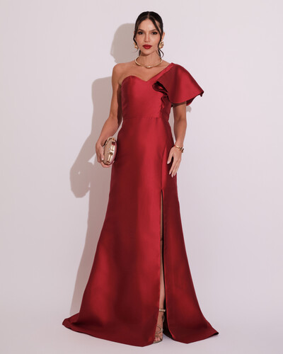 Foto Vestido de Festa Longo um Ombro Tomara que Caia Zibeline Marsala