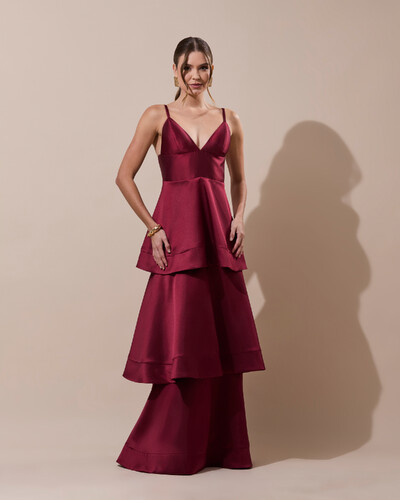 Foto Vestido de Festa Longo Zibeline em Camadas Decote em V com Alças Marsala Escuro
