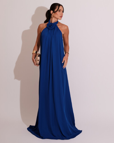 Foto Vestido Longo Crepe Chiffon Frente Única Fluido Flor Removível Azul Royal