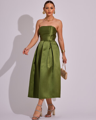 Foto Vestido Midi Tomara que Caia Zibeline Com Pregas Verde Oliva