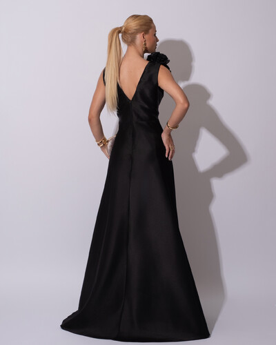 FotoVestido de Festa longo Zibeline Decote em V com Flores Removivel Preto