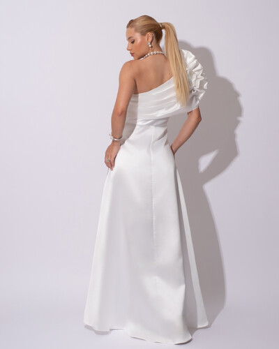 FotoVestido de Festa Longo Zibeline um Ombro Só Flor Drapeado Branco