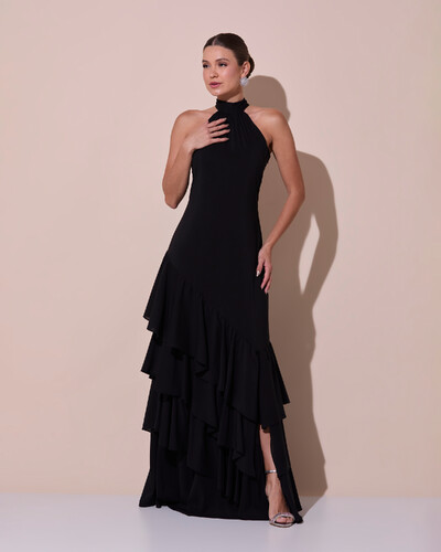 Foto Vestido de Festa Longo Chiffon Crepe Gola Alta Babados Preto