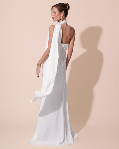 FotoVestido de Festa Longo Cetim Fluido Um Ombro Só Branco