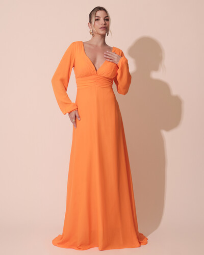 Foto Vestido de Festa Manga Longa com Cintura Drapeada Decote V Laranja