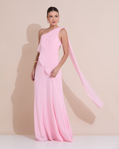 Foto Vestido de Festa Longo Um Ombro Só Crepe Chiffon Lenço Rosa Claro