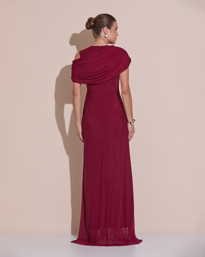 Foto Vestido de Festa Longo Capa Drapeado Tule Saia Fluida Marsala