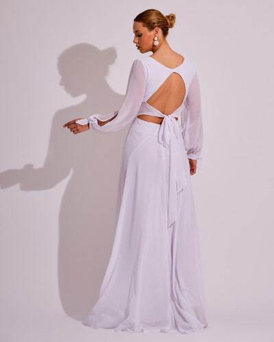 FotoVestido de Festa Longo com Mangas Longas Cintura Drapeada Branco
