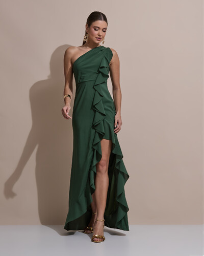 Foto Vestido de Festa Midi Um Ombro Só Crepe Chiffon Babados Cascata Fenda Verde Escuro New