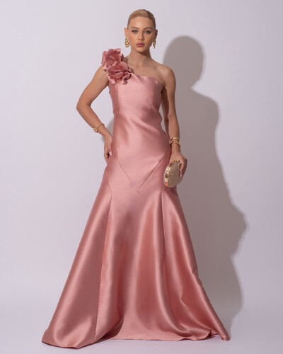 Foto Vestido de Festa Longo Zibeline um Ombro Só Flor Removível Saia Sereia Rose