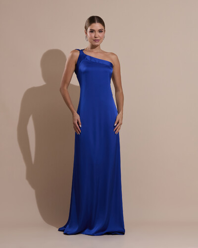 Foto Vestido de Festa Longo Cetim Fluido Um Ombro Só Amarração Costas Azul Royal