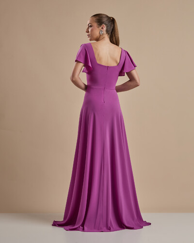 FotoVestido de Festa Longo Crepe Chiffon Manga Babado e Fenda Fúcsia