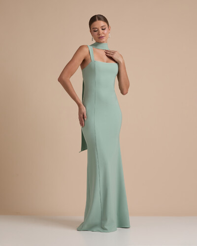 Foto Vestido de Festa Longo Alfaiataria com Lenço e Fenda Verde Menta