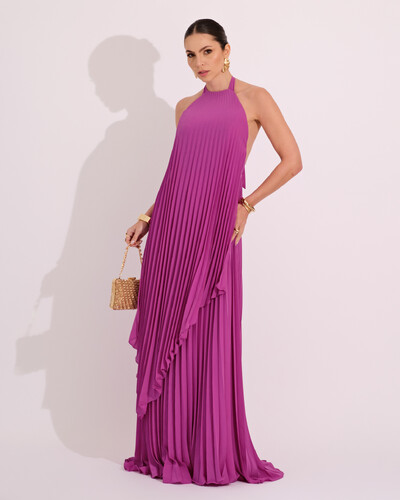 Foto Vestidos de Festa Longo Chiffon Fluido Frente Única Plissado Duplo Fúcsia