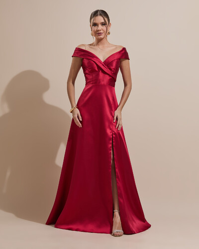 Foto Vestido de Festa Longo Zibeline Ombro a Ombro com Fenda Marsala
