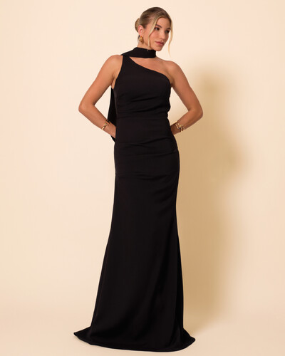 Foto Vestido de Festa Longo Alafataria Um Ombro Só Detalhe Drapeado Preto