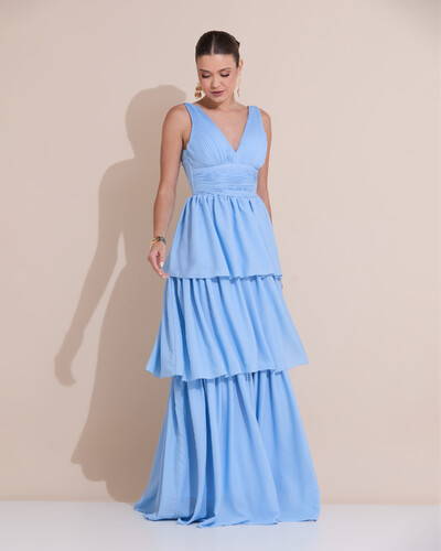 Foto Vestido de Festa Longo Decote V Crepe Chiffon Plissado Camadas Babado Serenity