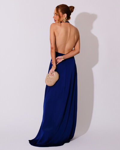 FotoVestido de Festa Longo Frente Única Degagê Cetim Fluido Azul Marinho