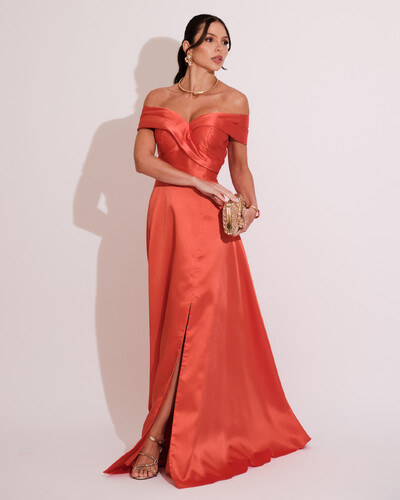 Foto Vestido de Festa Longo Zibeline Ombro a Ombro com Fenda Laranja