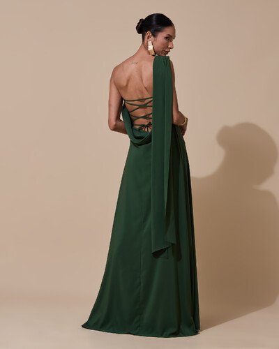 Foto Vestido de festa Longo Tomara que Caia Crepe Chiffon Drapeado Lenço Verde Militar