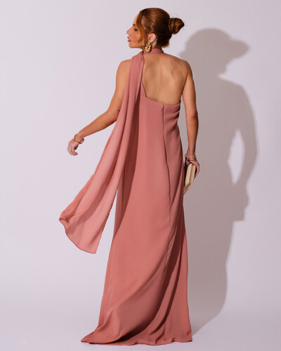 FotoVestido de Festa Longo Crepe Chiffon Um Ombro Só Drapeado Rose