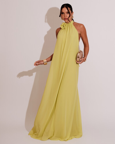 Foto Vestido Longo Crepe Chiffon Frente Única Fluido Flor Removível Amarelo