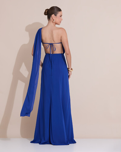 Foto Vestido de Festa Longo Um Ombro Só Crepe Chiffon Lenço Azul Royal