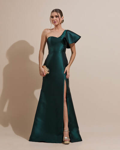 Foto Vestido de Festa Longo um Ombro Tomara que Caia Zibeline Verde Escuro