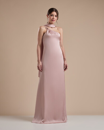 Foto Vestido de Festa Longo em Cetim Fluido um Ombro Só com Lenço Rose Nude