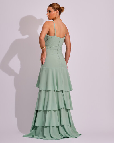 FotoVestido Longo Frente Única em Crepe com Babados e Camadas Verde Menta