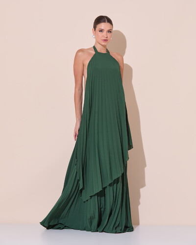 Foto Vestidos de Festa Longo Chiffon Fluido Frente Única Plissado Duplo Verde Escuro New