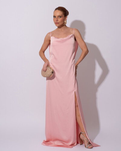 FotoVestido de Festa Longo Babado Costas Cetim Fluido e Fenda Rose Gold