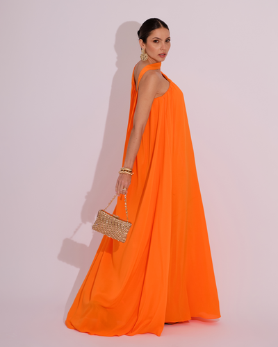 FotoVestido de Festa Longo Crepe Fluido um Ombro Só com Lenço Laranja