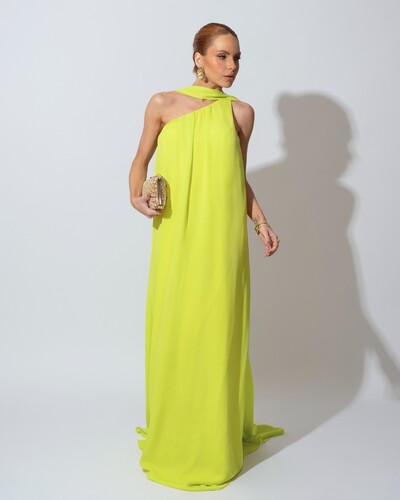 Foto Vestido de Festa Longo Crepe Fluido um Ombro Só com Lenço Verde Lima