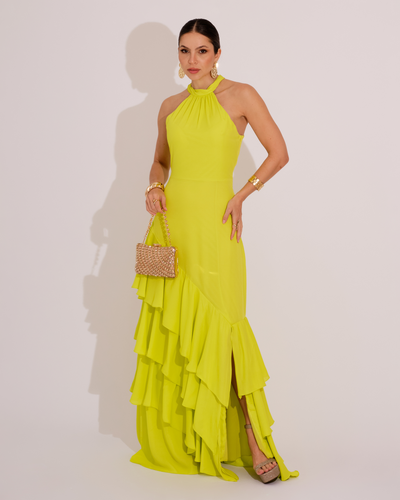 Foto Vestido de Festa Longo Decote Halter com Babados Verde Lima