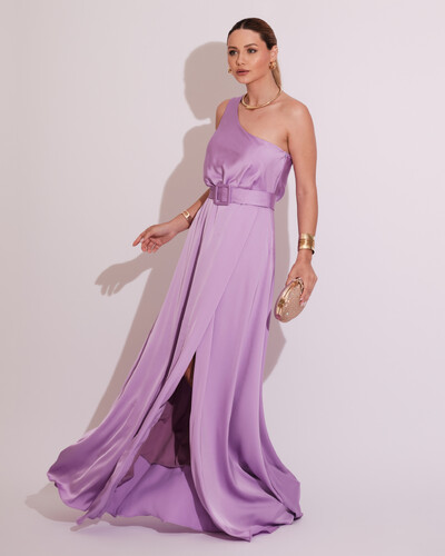 Foto Vestido Longo um Ombro com Busto Blousê e Fenda Lilás