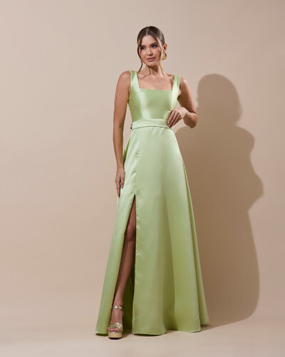 Foto Vestido de Festa Longo Zibeline com Fenda e Faixa Verde Lima New