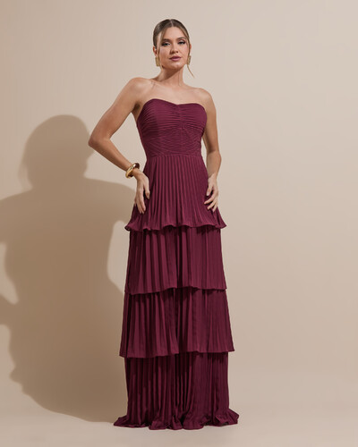 Foto Vestido de Festa Longo Tomara que Caia Crepe Chiffon Plissado Camadas Marsala